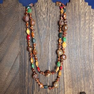 Vintage Nuts And Seeds Necklace 70s Colorful Hippie Boho 48" Long Exotic Natural